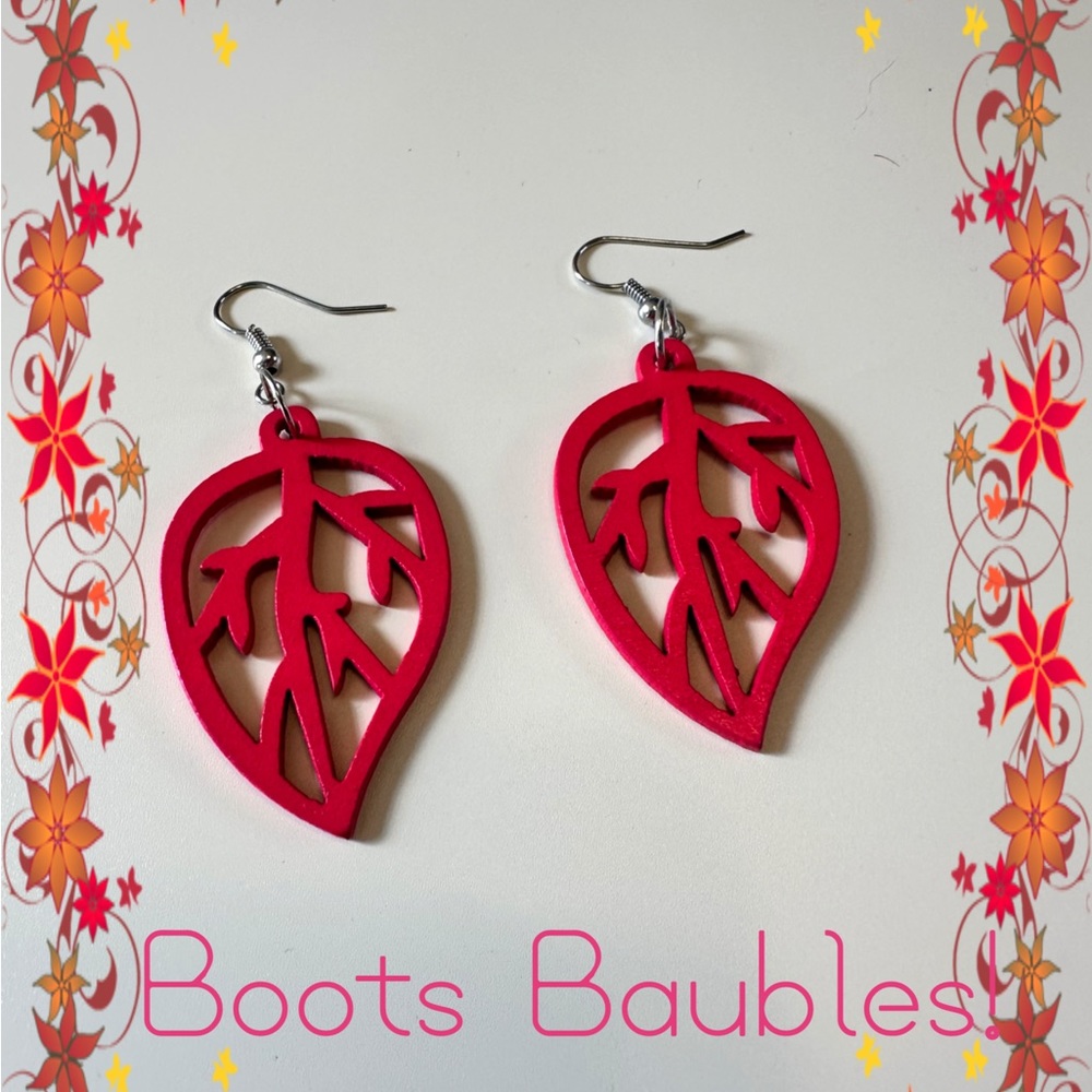 Hot pink wood leaf earrings
